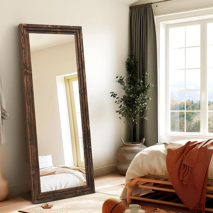 58X22In Full Length Mirror, 3-Tier Stepped Solid Wood Frame, Brown