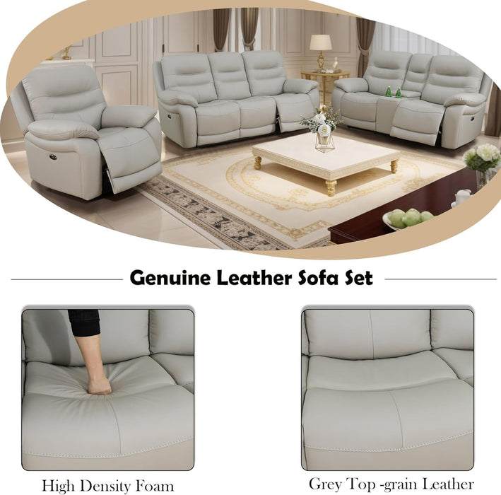 Genuine Leather Recliner Couch Set, Power Reclining Sofa Set 3 Pieces Top Grain Leather Sofa with Built in USB Port for Living Room(Light Grey) (Sofa+Loveseat+Chair)