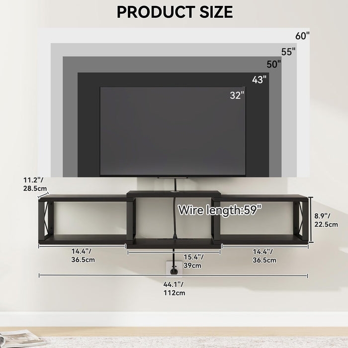 Floating TV Stand with Power Outlet,Wall-Mounted Floating Stand for Tvs up to 55",Metal Wall Entertainment Center,Wall Mounted TV Shelf with Storage for Living Room Bedroom,Black UWST011B