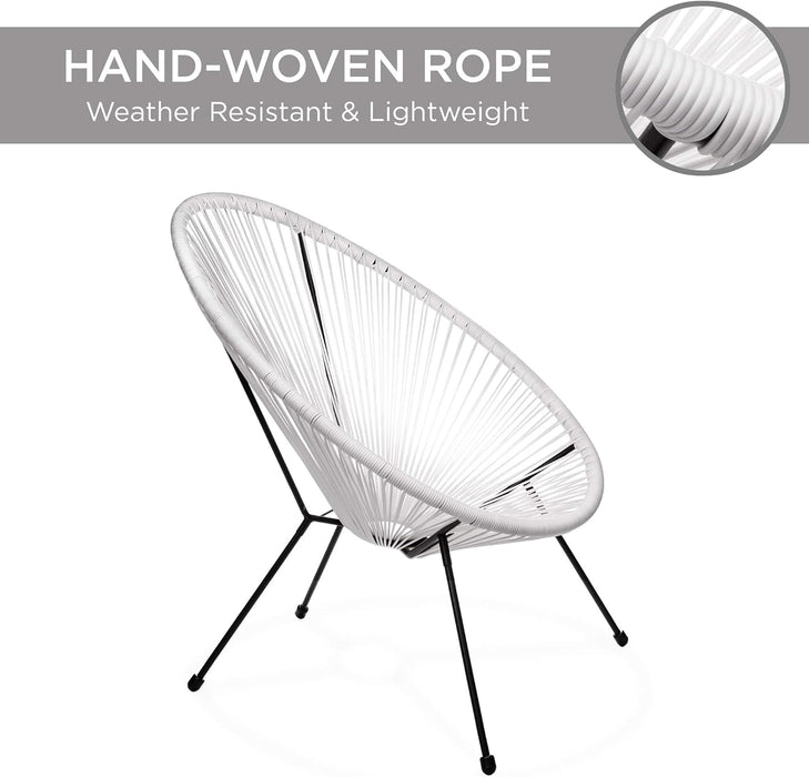 3-Piece Outdoor Acapulco All-Weather Patio Conversation Bistro Set W/Plastic Rope, Glass Top Table and 2 Chairs - White