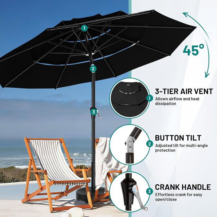 9Ft 3-Tier Patio Umbrellas, Outdoor Umbrella with 8 Sturdy Ribs UV Protection Windproof, Market Table Umbrella W/Push Button Tilt & Crank for Pool, Porch, Deck, Garden(Black)