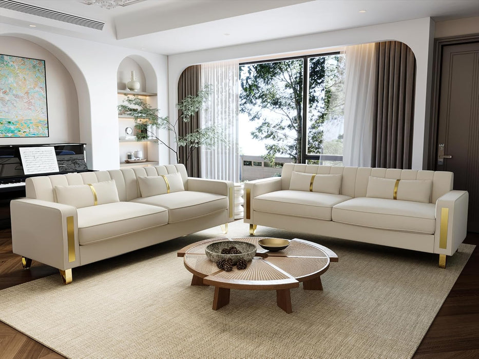 Loveseat Couch for Living Room, 86" Beige Velvet Sofa Couch with 2 Pillows & Gold Metal Legs, Modern Upholstered Sofa Love Seat Sectional Couches for Apartment Home Office