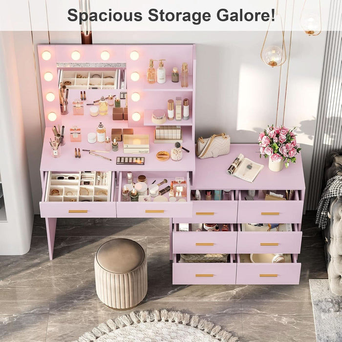 61" Make up Vanity Desk with Mirror and Lights, Pink Vanity with 8 Wide Storage Drawers & 2 Tier Shelves, 3 Lighting Modes with Adjustable Brightness for Bedroom