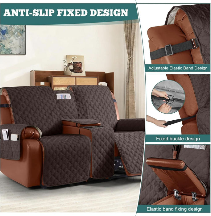 Waterproof Loveseat Recliner Cover with Console Non-Slip Reclining Couch Covers Split Sofa Slipcovers with Elastic Straps for Kids, Dogs, Pets (Chocolate, 2 Seater)
