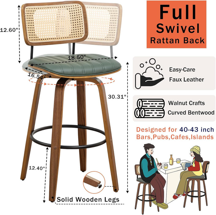 Swivel Bar Height Stools, Mid Century Modern Bar Stools with Curved Back | Solid Bentwood Frame, Walnut Finish, Cane Back, PU Leather Upholstered Seat, Kitchen Barstools for Bar, Cafe, Pub, Restaurant