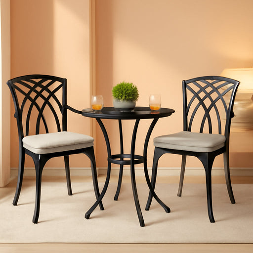 Bistro Set 3 Piece Outdoor Cast Aluminum Patio Bistro Set Patio Table and Chairs Set of 2 with Umbrella Hole and Gray Cushions, Black