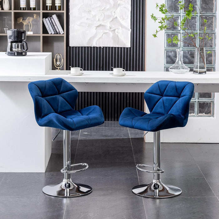 Breni Velvet Diamond Tufted Swivel Adjustable Height Barstools, Set of 2, Blue
