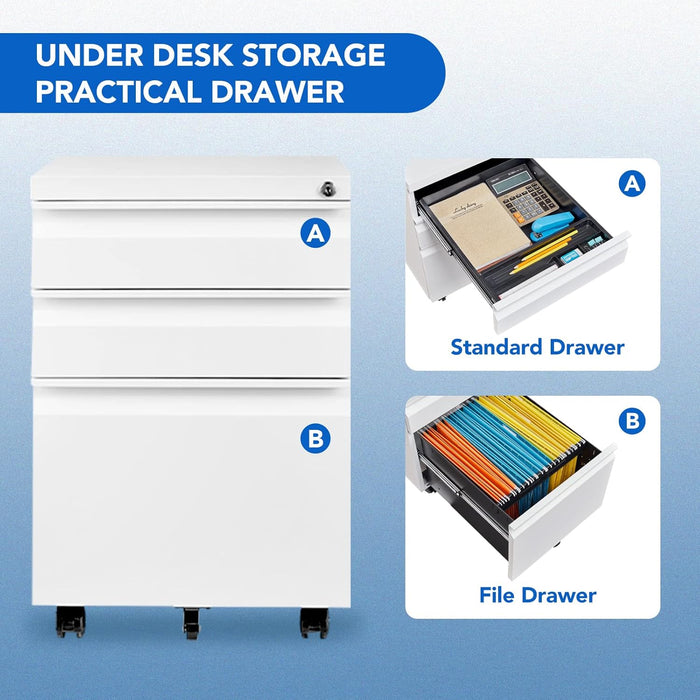 3 Drawer Mobile File Cabinet for Home Office under Desk Storage, Filing Cabinet with Lock Keys, File Organizer Cabinet for Legal/Letter/A4 File, White