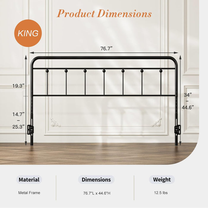 Metal King Size Headboard Only, Adjustable Height, Steel King Headboard with Bed Frame Brackets Adapter, Farmhouse Victorian Style, Easy Assembly, Black