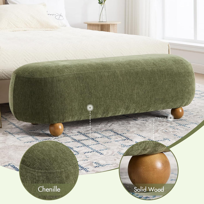54-Inch Green Upholstered Bench for Bedroom, 4.5Ft End of Bed Accent Ottoman Bench with round Solid Wood Legs, Long Oval Footstool for Entryway & Hallway, Velvet Padded Seat