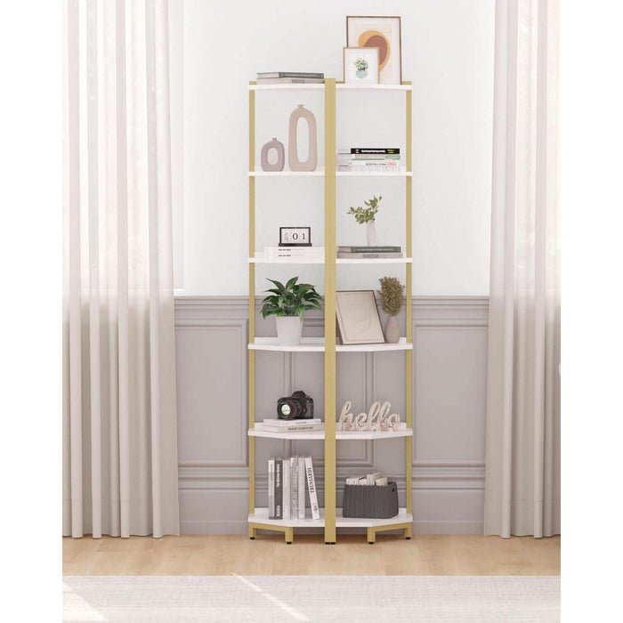 Corner Shelf Stand, Corner Bookshelf, Storage Standing Shelf Unit with Metal Frame, Plant Stand, Corner Bookcase for Living Room, Home Office, Bedroom, 6-Tier White Gold CS06003A