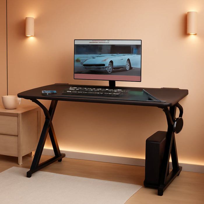 Gaming Desk, Computer Desk with Carbon Fiber Surface, Gaming Table Z Shaped PC Gaming Workstation Home Office Desks with Cup Holder and Headphone Hook (44 Inch, Black)