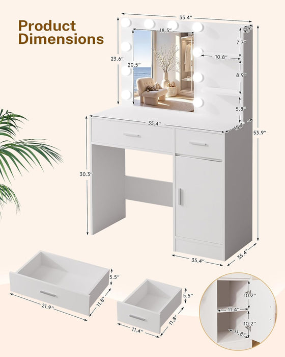 Lighted Makeup Vanity Desk, 35.4“W X 15.7'”D X 54“H, White (With Lights and Mirror, Dimming Function, 2 Drawers and 1 Cabiniet, Open Shelves) by Boahaus
