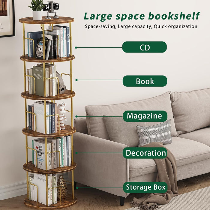 5Tier Rotating Bookshelf, 360 ° Display Stackable Spinning Bookshelf Tower,Round Space Saving Tall Floor Standing Swivel Bookcase Corner Storage Organizer for Bedroom/Living Room/Office，Gold