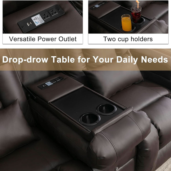 Loveseat Recliner Sofa with Massage and Heat, Power Reclining Loveseat Sofa RV Couch with Console, Home Theater Seating with LED Lights, Bluetooth Speaker, USB, Outlets, Faux Leather, Dark Brown