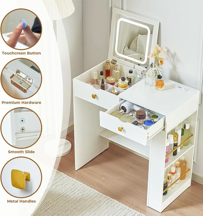 Vanity Desk with Flip Top Mirror, Makeup Vanity Table with 3 Color and Brightness Adjustable, Side Organizer Small Vanity with Storage Compartment, Writing Desk for Bedroom, White