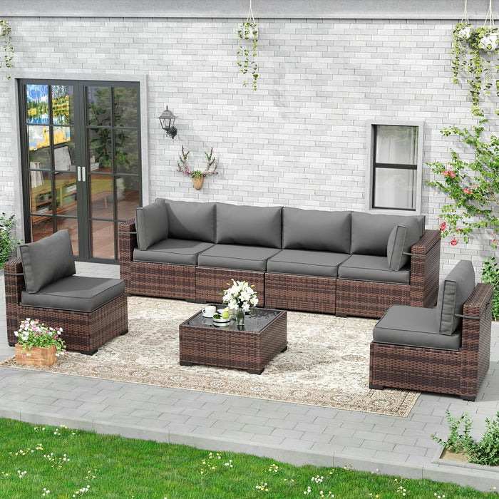 7 Pieces Patio Furniture Set, Outdoor Furniture Sectional Rattan Sofa Sets, Patio Couch with Glass Coffee Table for Backyard Garden (Grey)