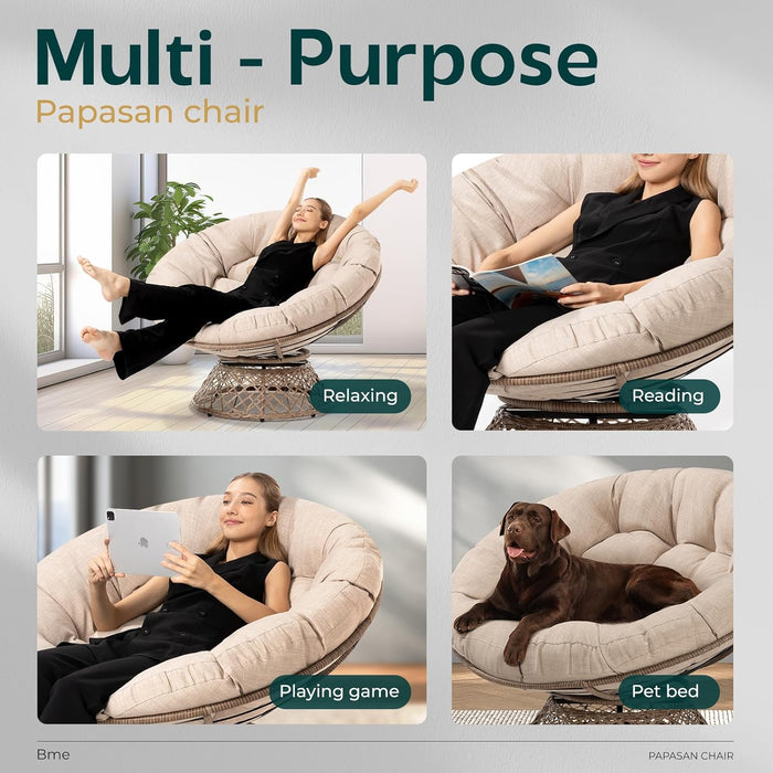 Metal Oversized Swivel Papasan Chair, Living Room Chair with Beige Cushion, Brown Frame, 360° Swivel, Skillfully Woven Resin Wicker, 46 Inch Wide, Bee-Designed Base, Modern Style, Indoor Use