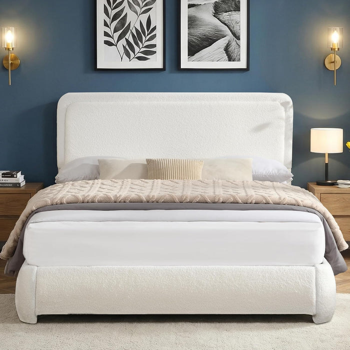 Queen Size Upholstered Cloud Bed Frame with Adjustable Headboard, Modern Platform Bed with Boucle Fabric Wood Slat, Low Profile, No Box Spring Needed, Easy Set Up, White