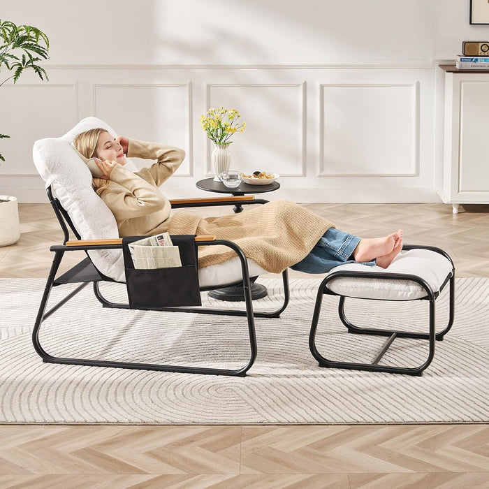 Beige Upholstered Lounge Chair With Ottoman Footrest
