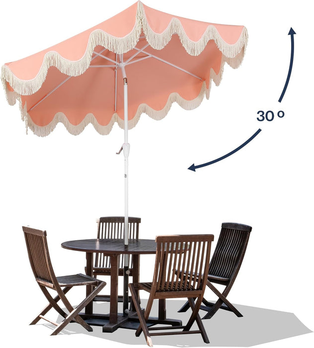 UMB1001 Collins 9 Ft. Classic Cottage Tassel Market Patio Umbrella with Auto-Tilt, Crank, Wind Vent and UV Protection