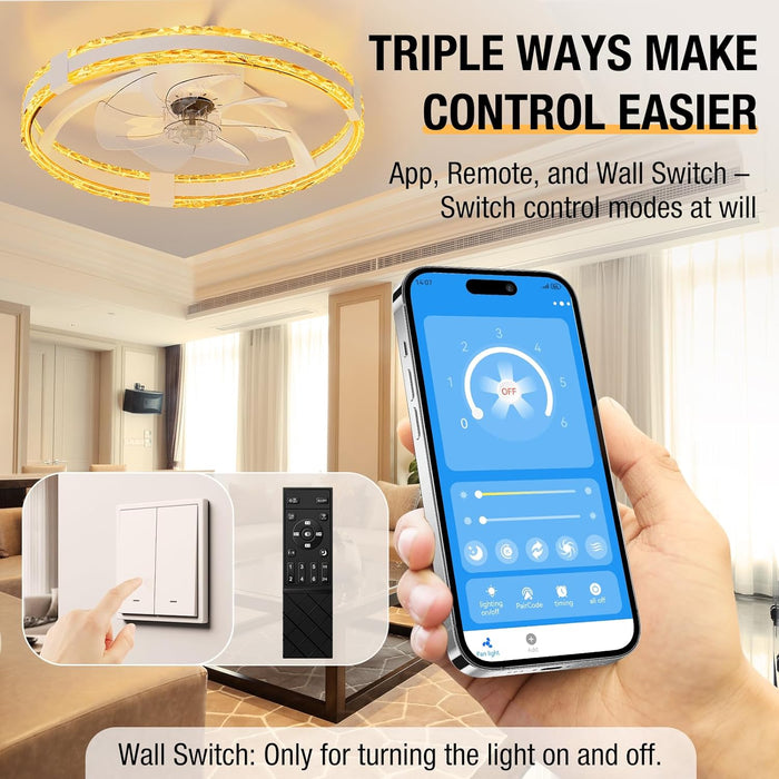 Ceiling Fans with Lights and Remote, 20'' Low Profile Flush Mount Ceiling Fan with 6 Speeds & 3 Color Temperature, 3000-6500K Dimmable Led Fandelier for Bedroom Livingroom, White