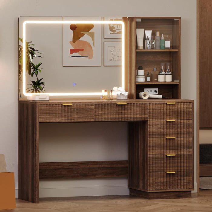 Fluted Vanity Desk with Large 32.7" Mirror and Lights, 47.4" Makeup Vanity with 7 Drawers & Glass Cabinet, Vanity Table with Charging Station & Storage Shelves, Brown