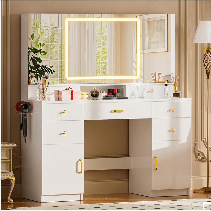 Makeup Vanity Desk with Lights & 3 Way Mirror, Large Girls Vanity Table Set with Charging Station, 3 Lighting Modes & 360° View Mirror, 9 Drawers Dresser for Bedroom, White