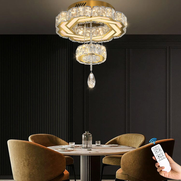 Small Crystal Chandeliers Dia 12" Gold Chandelier Flush Mount Ceiling Light for Bedroom Living Room Dining Room Hallway Dimmable 3 Rings LED Celing Lighting Fixtures