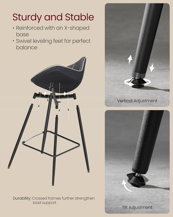 Bar Stools Set of 2, Bar Height Bar Stools with Back, Ergonomic Backrest, Synthetic Leather, Metal Legs, 28.7-Inch Tall Stools for Kitchen Island Home Bar, Ink Black ULBC888B01