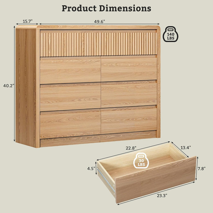 Oak Fluted 8 Drawer Dresser for Bedroom, Curved Edge, 50" Wide