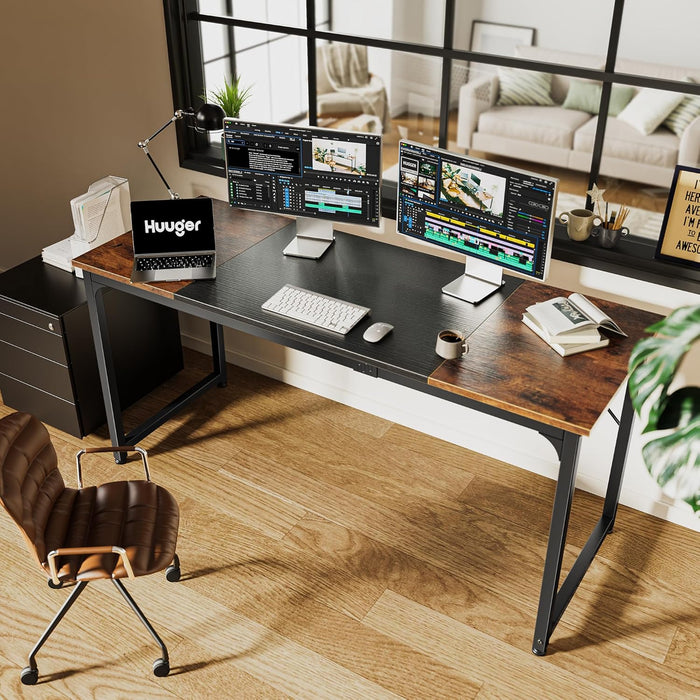 Computer Desk, 63 Inch Office Desk, Gaming Desk with Storage, Writing Desk Work Desk for Home Office, Study, Modern Simple Desk, Large Legroom, Metal Frame, Rustic Brown and Black