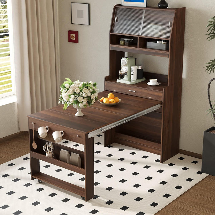 Sideboard Buffet Cabinet with Foldable Dining Table, Multifunctional Cupboard with Storage Shelf and Hooks, for Small Places,Studio, Apartment