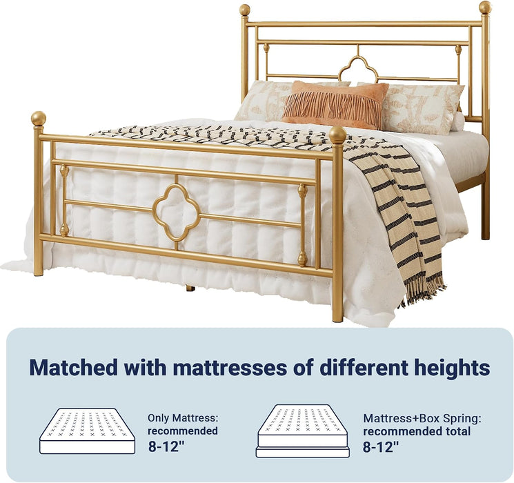 Queen Size Metal Platform Bed Frame, Victorian Headboard, Gold