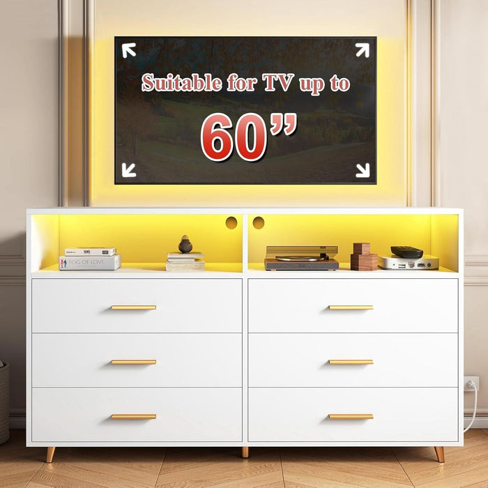White Dresser with LED Lights, 6 Drawers & 2 Open Shelves Top Dresser for Bedroom, Wood Chests of Drawers