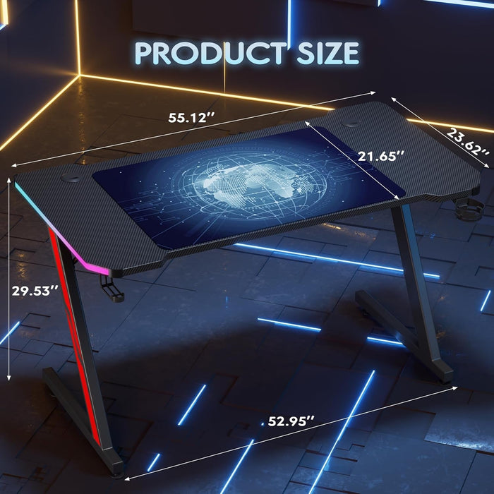 Gaming Computer Desk with Carbon Fiber Surface, Gaming Table Z Shaped Pc Home Office with Cup Holder&Headphone Hook(55 In, Black, Led Light)