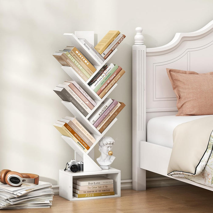 6 Tier Tree Bookshelf, Tall Bookcase with Drawer, Freestanding Book Shelf, Display Floor Standing Storage Shelf, Book Organizer Shelves for Home Office, Living Room, Bedroom, White