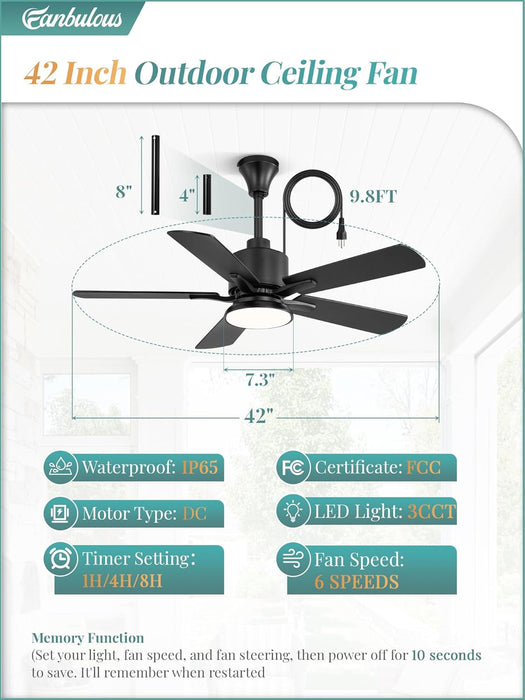42" Outdoor Ceiling Fan with Light for Patios, IP65 Waterproof Gazebo Fan, Plug in Ceiling Fan with Remote, 3CCT 6-Speed Black Ceiling Fan with Hanging Hook for Porch, Pergola,Canopy