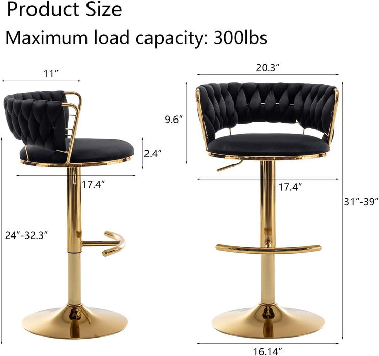 Velvet Bar Stools Set of 3, Counter Height Barstools with Low Back, Gold Swivel Bar Stool for Kitchen Island, Pub (Black)