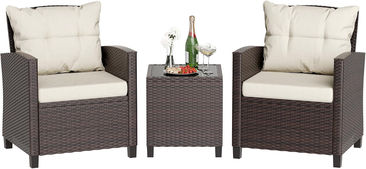 3 Piece Wicker Patio Furniture Set - Outdoor Rattan Conversation Set with Soft Cushions & Glass Coffee Table for Balcony, Porch, Small Backyard - All Weather Beige Bistro Set, Beige