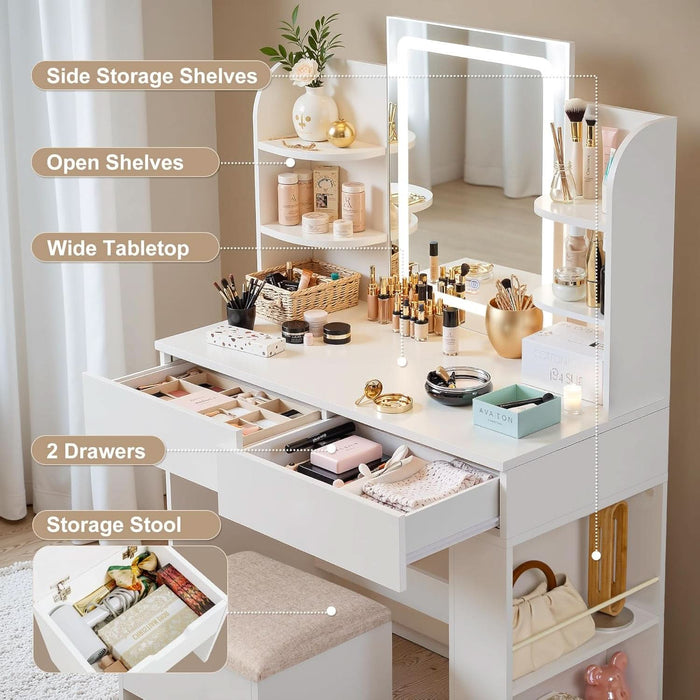 Vanity Desk with Mirror and LED Lights, Makeup Vanity Table with 3 Lighting Color, Adjustable Brightness, Vanity Table with 2 Drawers, Side Storage, for Bedroom (White, No Bench)