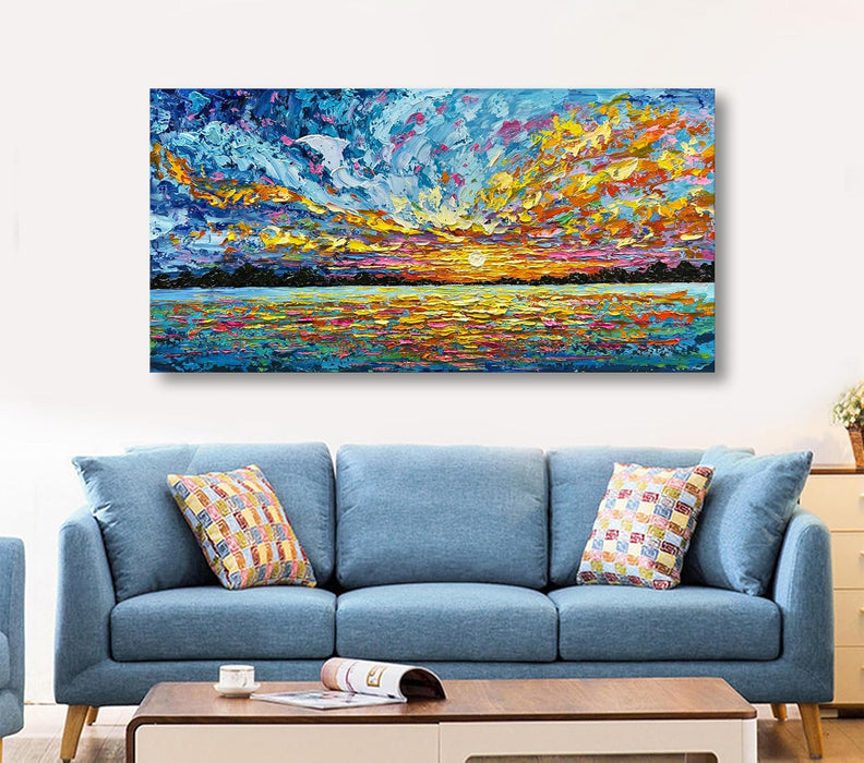 Art 30X60 Inch Hand-Painted Sea Sunrise Landscape Modern Abstract Oil Painting Large Canvas Art Hall Bedroom Office Wall Decoration