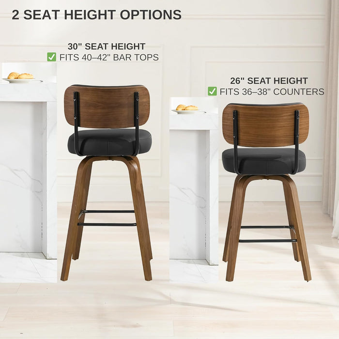 Swivel Bar Stools Set of 3, 26" Counter Height, Beige Grey | Walnut Wood Legs, Upholstered Seat, Supportive Backrest, Easy-Clean Faux Leather, Mid-Century Modern, 4-Inch Cushion
