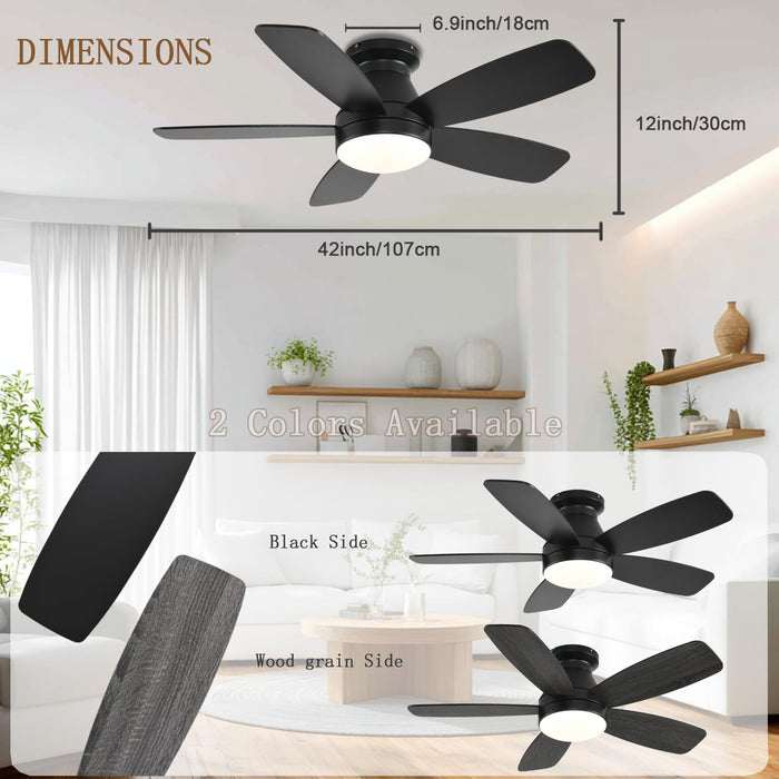 42Inch Ceiling Fans with Lights, Low Profile Ceiling Fan with Light and Remote Control, Flush Mount, Reversible DC Motor, Dimmable, Quiet, Black Small Ceiling Fan for Bedroom Indoor/Outdoor Use