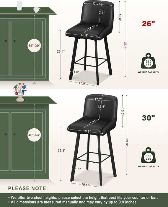Swivel Bar Stools, 26''H Upholstered Barstools with Backs, Modern Counter Height Bar Stool Chairs for Kitchen Island, Metal Legs (Black- Faux Leather, Set of 3-26" H)