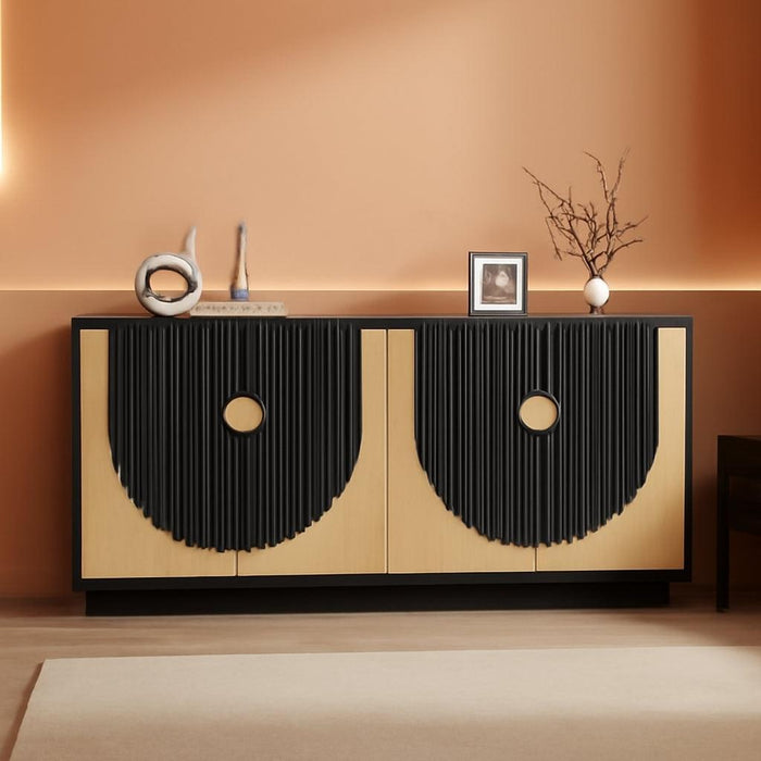 63 Inch Fluted Buffet Cabinet with Storage, Symmetrical Arc Accent Sideboard Large Console Table for Living Room,Dining Room or Kitchen(Camel/Black)