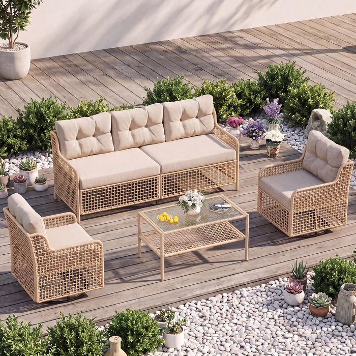 Outdoor Patio Furniture Set round Rattan with Swivel Chairs,Beige
