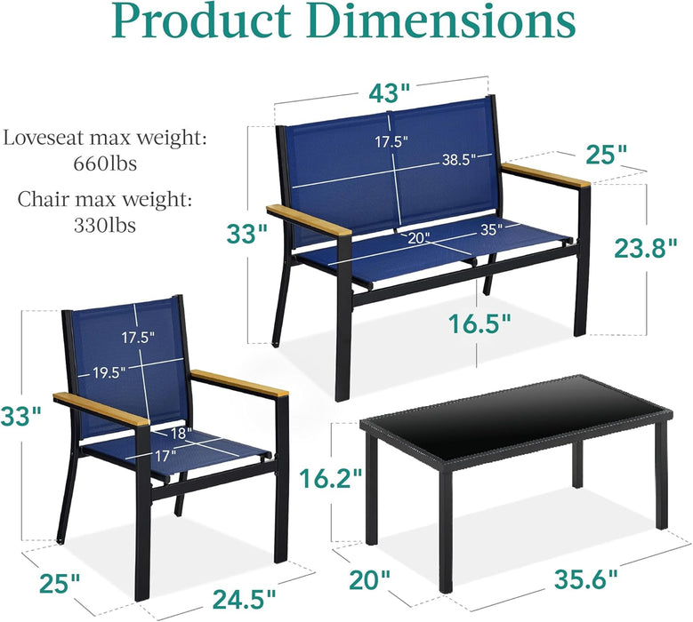 4-Piece Outdoor Textilene Patio Conversation Set, Backyard Furniture W/Loveseat, Coffee Table, Steel Frame - Black/Navy