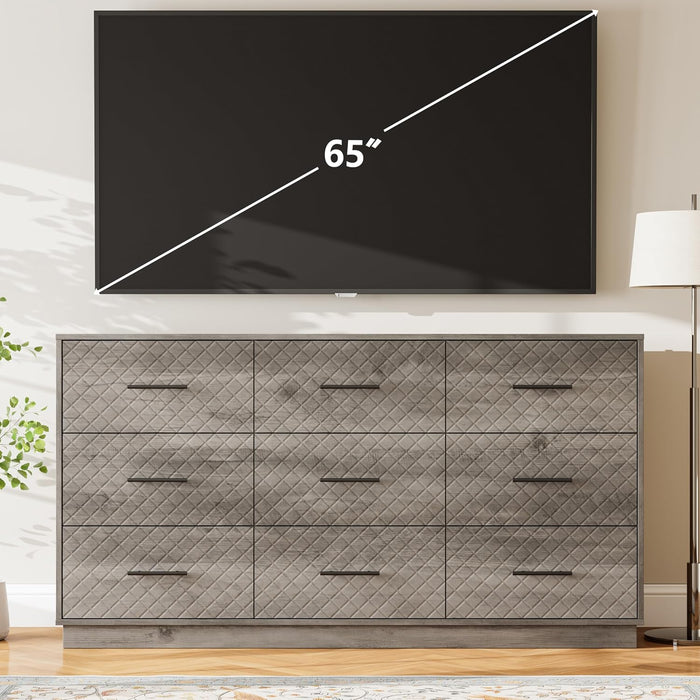9 Drawers Dresser for Bedroom, 58” Wide Modern Chest of Drawers with Diamond Panel, Anti-Tipping Device, Wood Stable Storage Organizer for Bedroom, Nursery, Living Room
