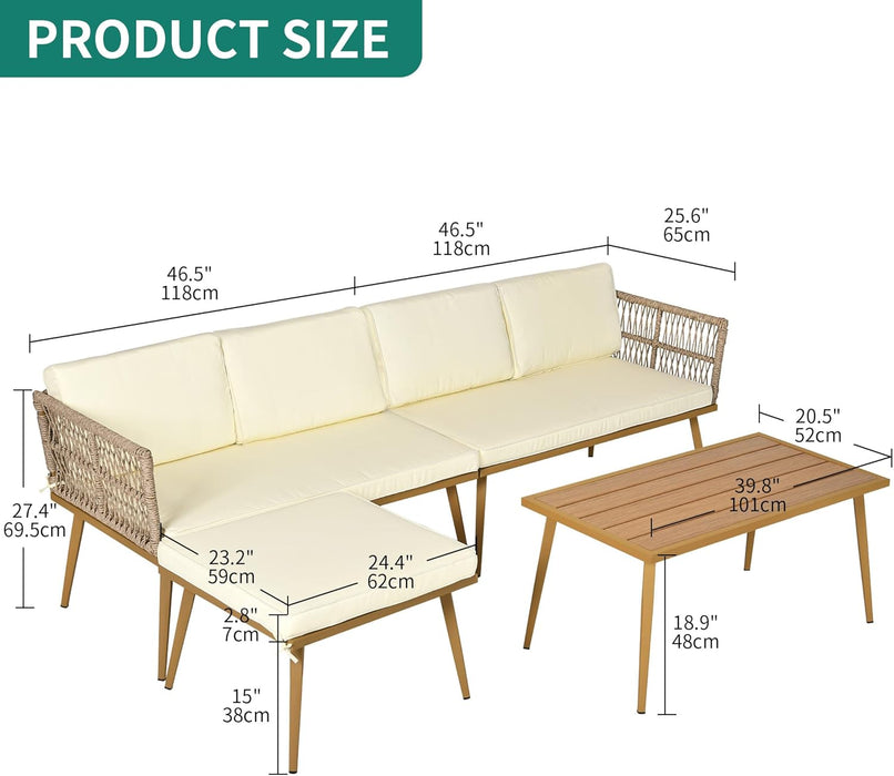 4 Pieces Patio Furniture Set, Outdoor Rattan Woven Conversation Sectional L-Shaped Sofa for Backyard, Porch, Boho Detachable Lounger with Cushions and Side Table - Beige